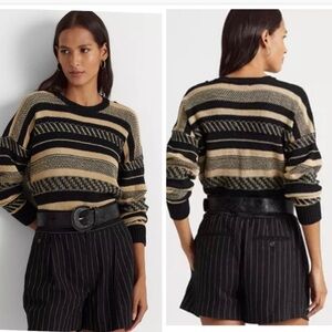 LAUREN RALPH LAUREN XS stripe quiet luxury classic linen blend side lace sweater